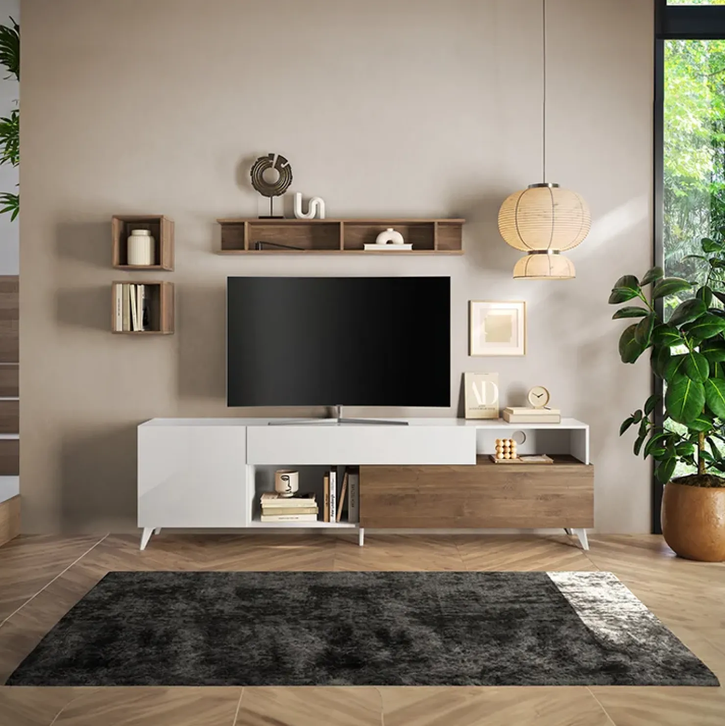 Garnero Arredamenti Parete attrezzata 241x176h cm bianco lucido rovere scuro Witty Noce - Bianco Lucido Clearance