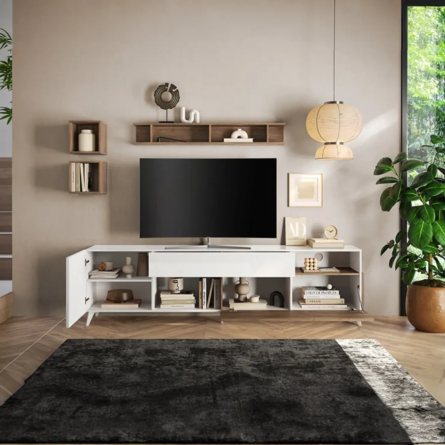 Garnero Arredamenti Parete attrezzata 241x176h cm bianco lucido rovere scuro Witty Noce - Bianco Lucido Clearance