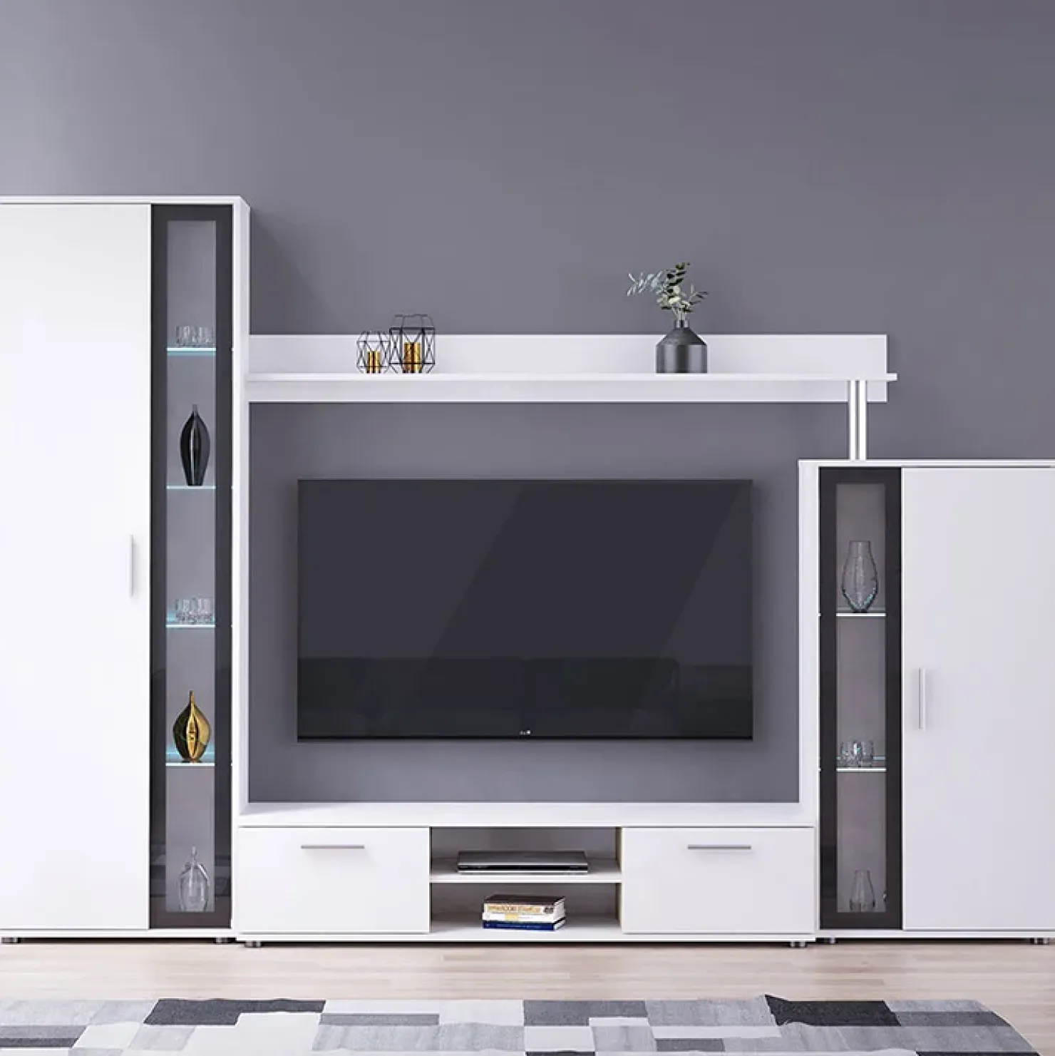 Garnero Arredamenti Parete attrezzata 256x182h cm bianco nero Newcastle Bianco Opaco - Bianco opaco Outlet