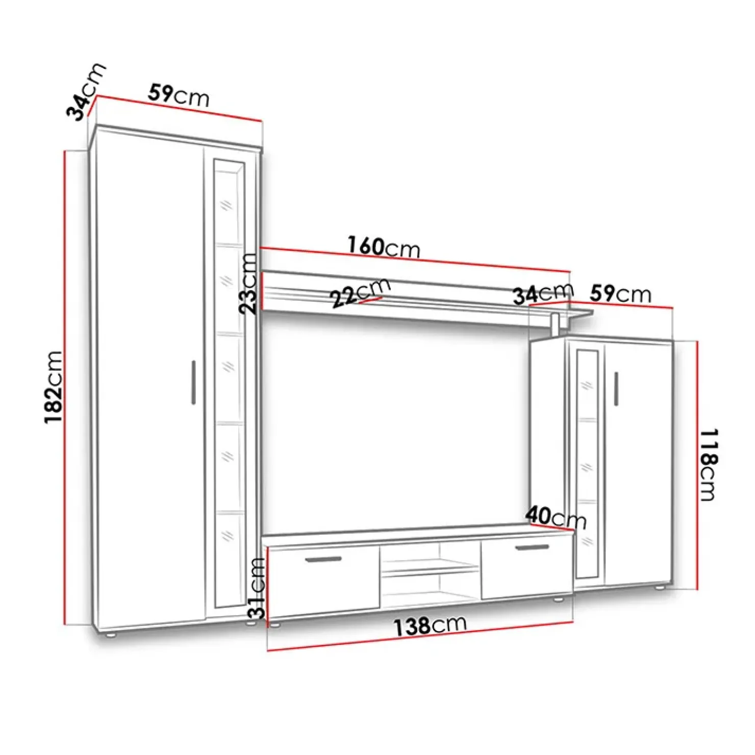 Garnero Arredamenti Parete attrezzata 256x182h cm bianco nero Newcastle Bianco Opaco - Bianco opaco Outlet