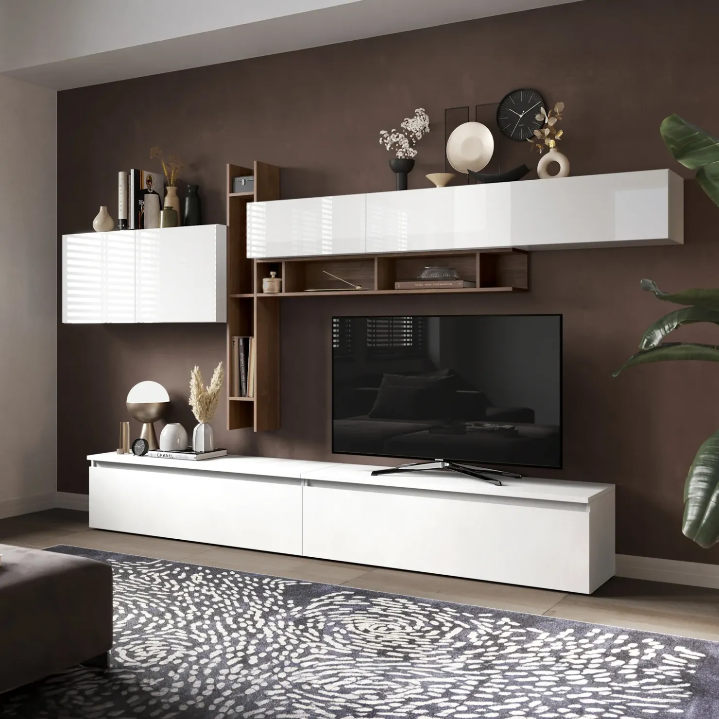 Garnero Arredamenti Parete attrezzata 336x200h cm bianco lucido rovere scuro Sunset 32 Noce - Bianco Lucido Hot