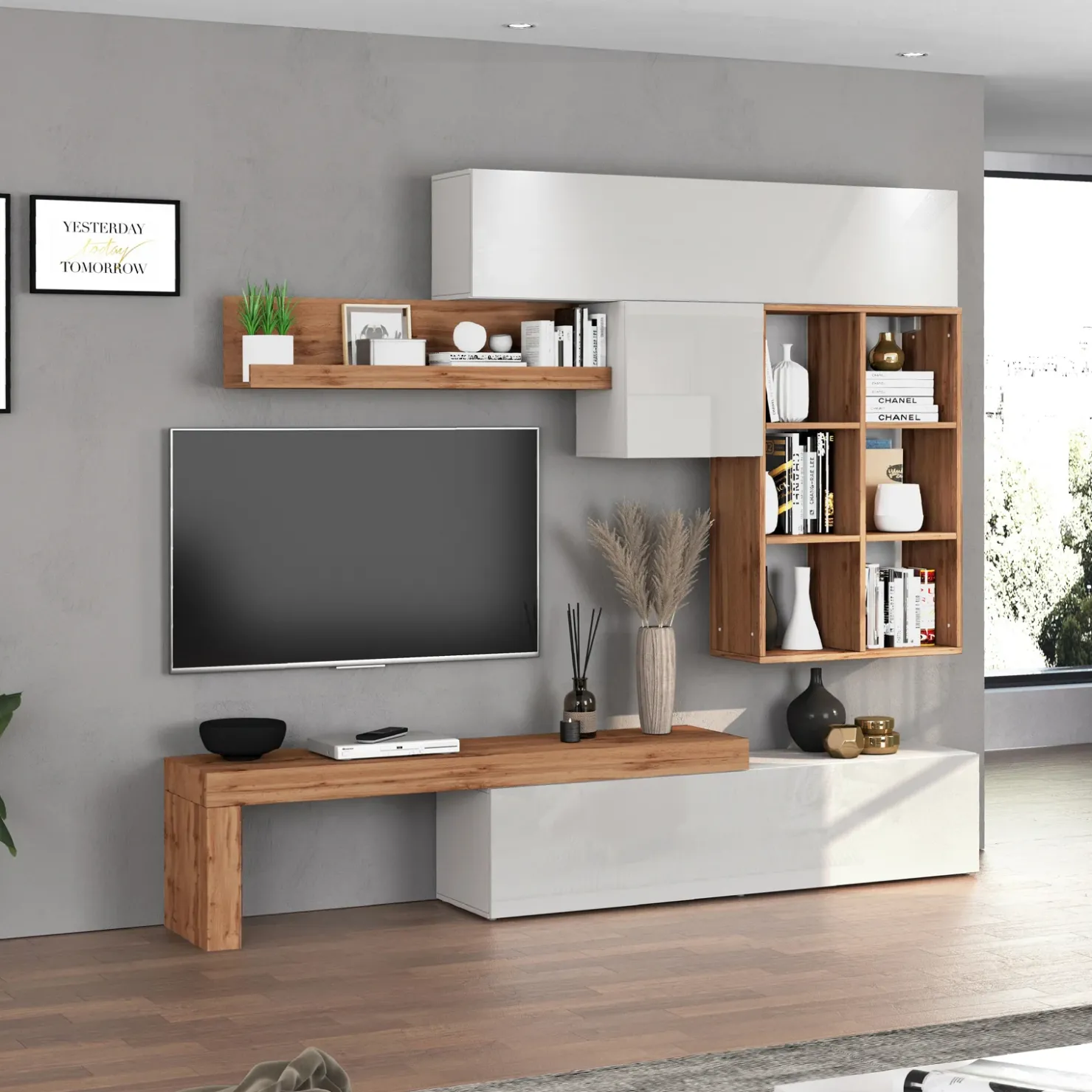 Garnero Arredamenti Parete attrezzata 270x200h cm bianco lucido rovere Block 4 Bianco Lucido - Rovere Online