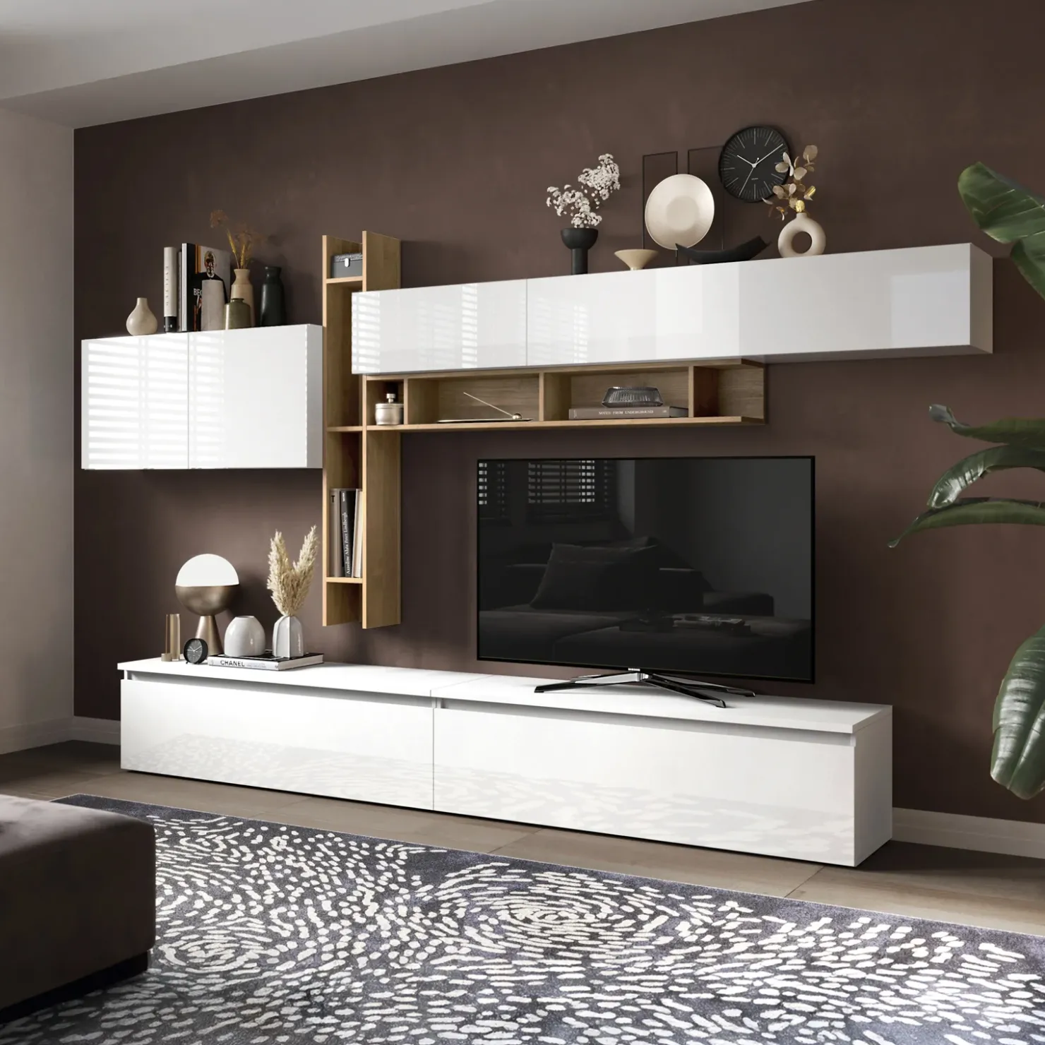 Garnero Arredamenti Parete attrezzata 336x210h cm bianco lucido rovere chiaro Sunset 32 Rovere - Bianco Lucido Discount