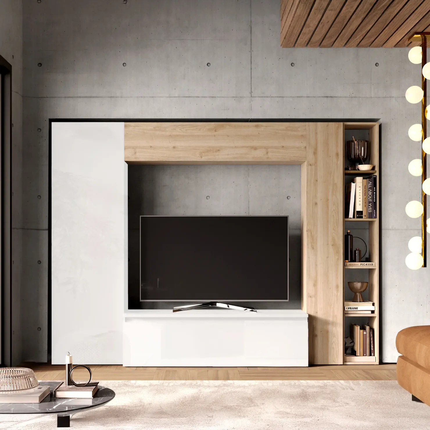 Garnero Arredamenti Parete attrezzata 249x186h cm bianco lucido rovere chiaro Sunset 9 Rovere - Bianco Lucido Outlet