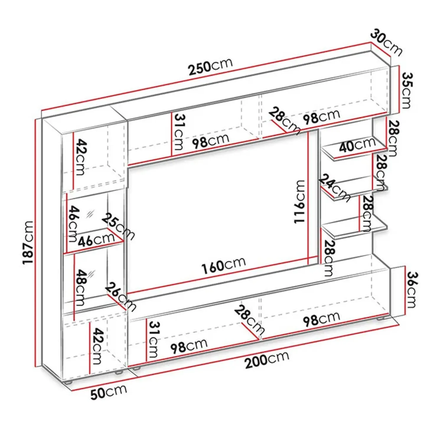 Garnero Arredamenti Parete attrezzata 250x187h cm con led bianco cemento Gracia Clearance