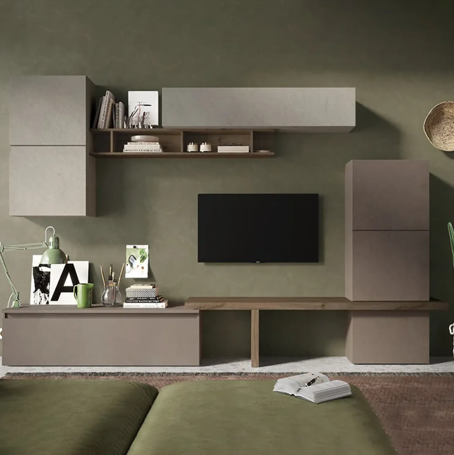 Garnero Arredamenti Parete attrezzata 320x195h cm design moderno tortora rovere marrone bronzo Sunset 19 Tortora - Bronzo Online