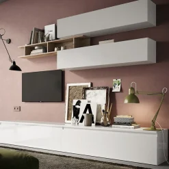 Garnero Arredamenti Parete attrezzata 276x190h cm design moderno bianco ludico rovere chiaro Sunset 21 Bianco Lucido - Rovere Outlet