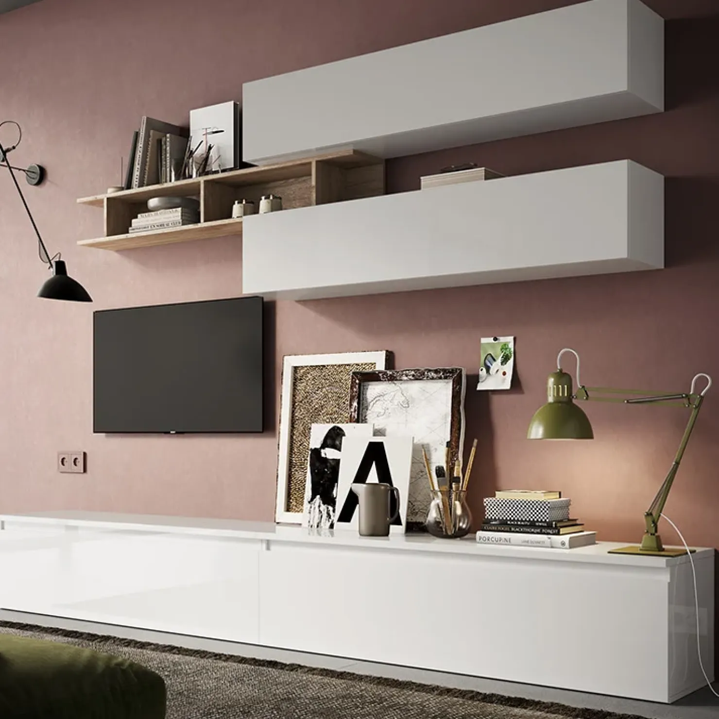 Garnero Arredamenti Parete attrezzata 276x190h cm design moderno bianco ludico rovere chiaro Sunset 21 Bianco Lucido - Rovere Outlet