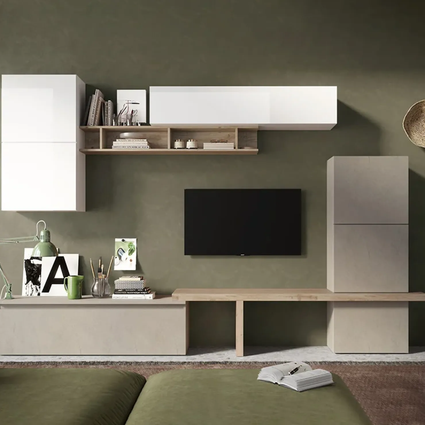 Garnero Arredamenti Parete attrezzata 320x195h cm design moderno tortora rovere chiaro bianco lucido Sunset 19 Tortora - Bianco Lucido