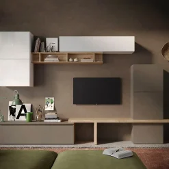 Garnero Arredamenti Parete attrezzata 320x195h cm design moderno bianco rovere marrone Sunset 19 Marrone - Bianco Lucido Clearance