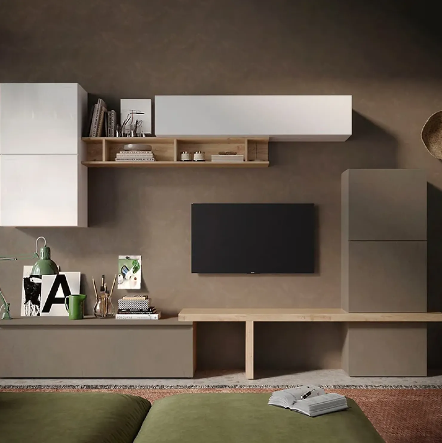 Garnero Arredamenti Parete attrezzata 320x195h cm design moderno bianco rovere marrone Sunset 19 Marrone - Bianco Lucido Clearance