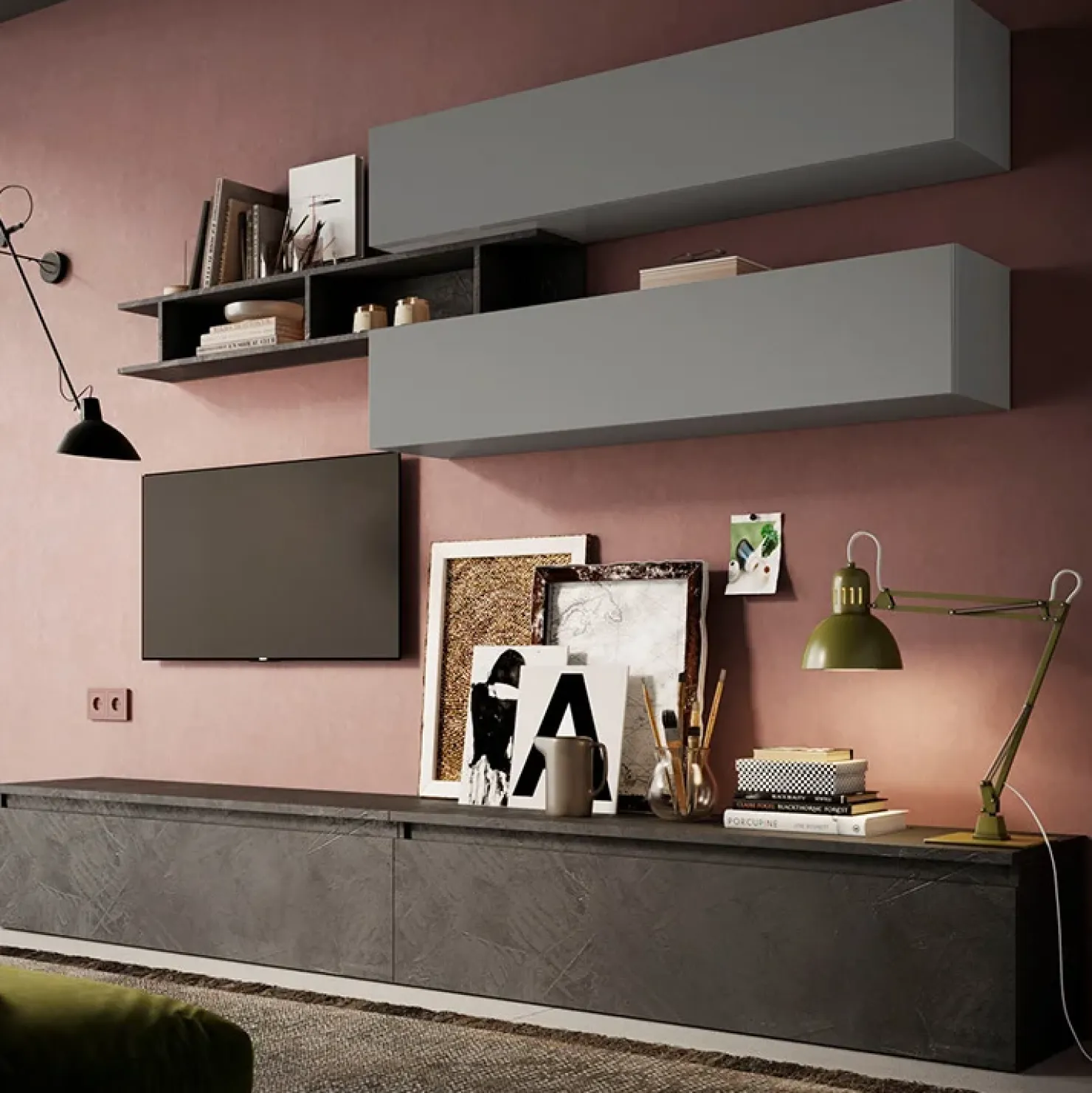 Garnero Arredamenti Parete attrezzata 276x190h cm design moderno grigio antracite Sunset 21 Grigio - Ossido New