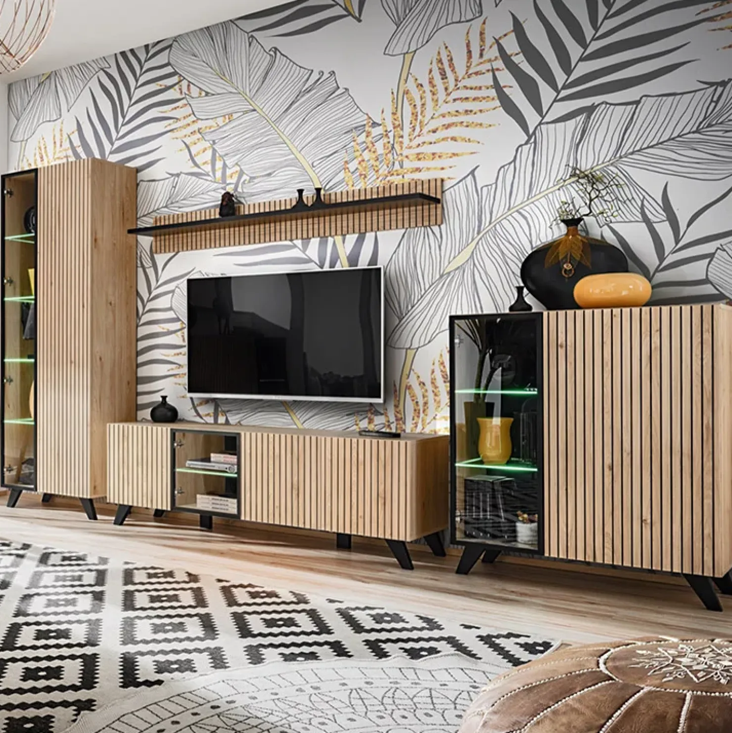 Garnero Arredamenti Parete attrezzata 340x192h cm moderna noce con stampa nera Mendes 2 Clearance