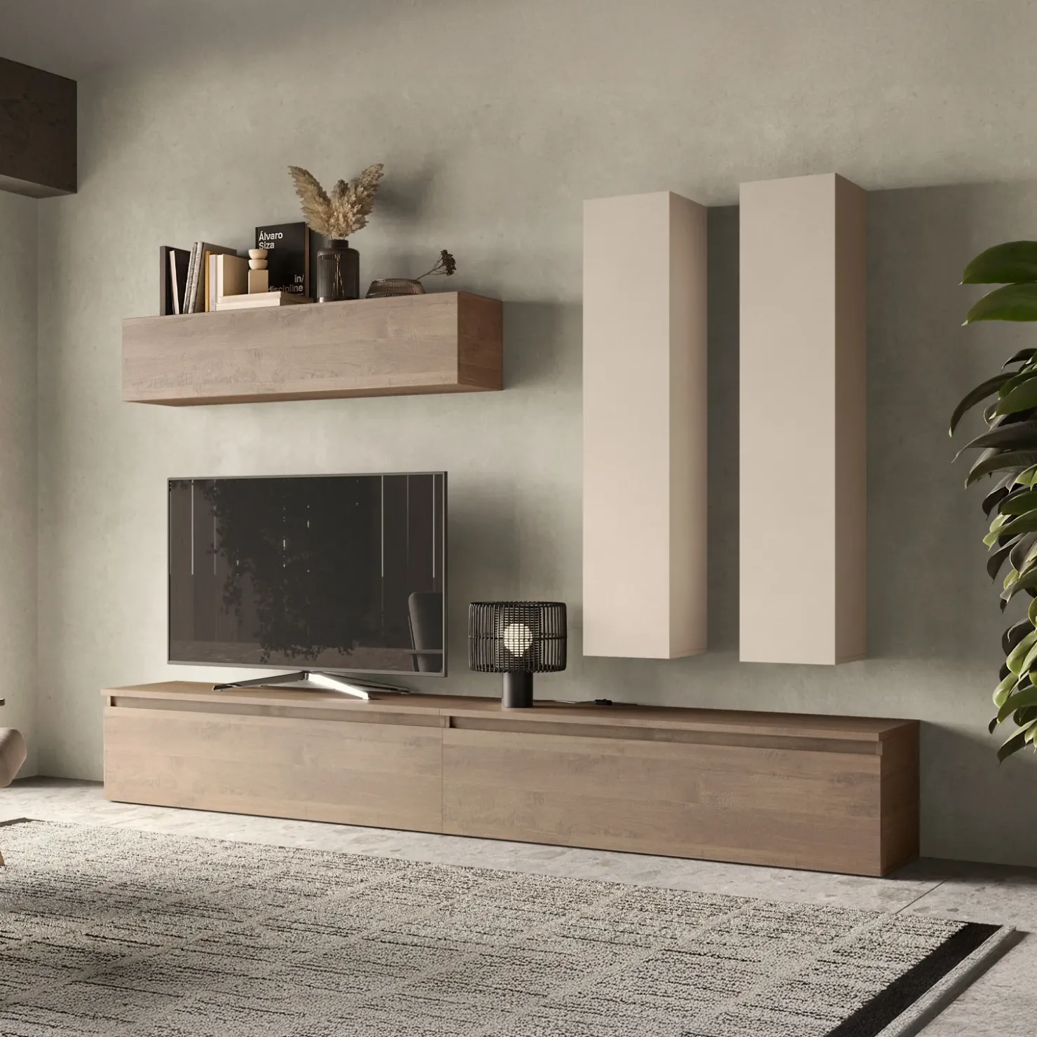 Garnero Arredamenti Parete attrezzata 276x205h cm moderna beige rovere scuro Sunset 80 Discount