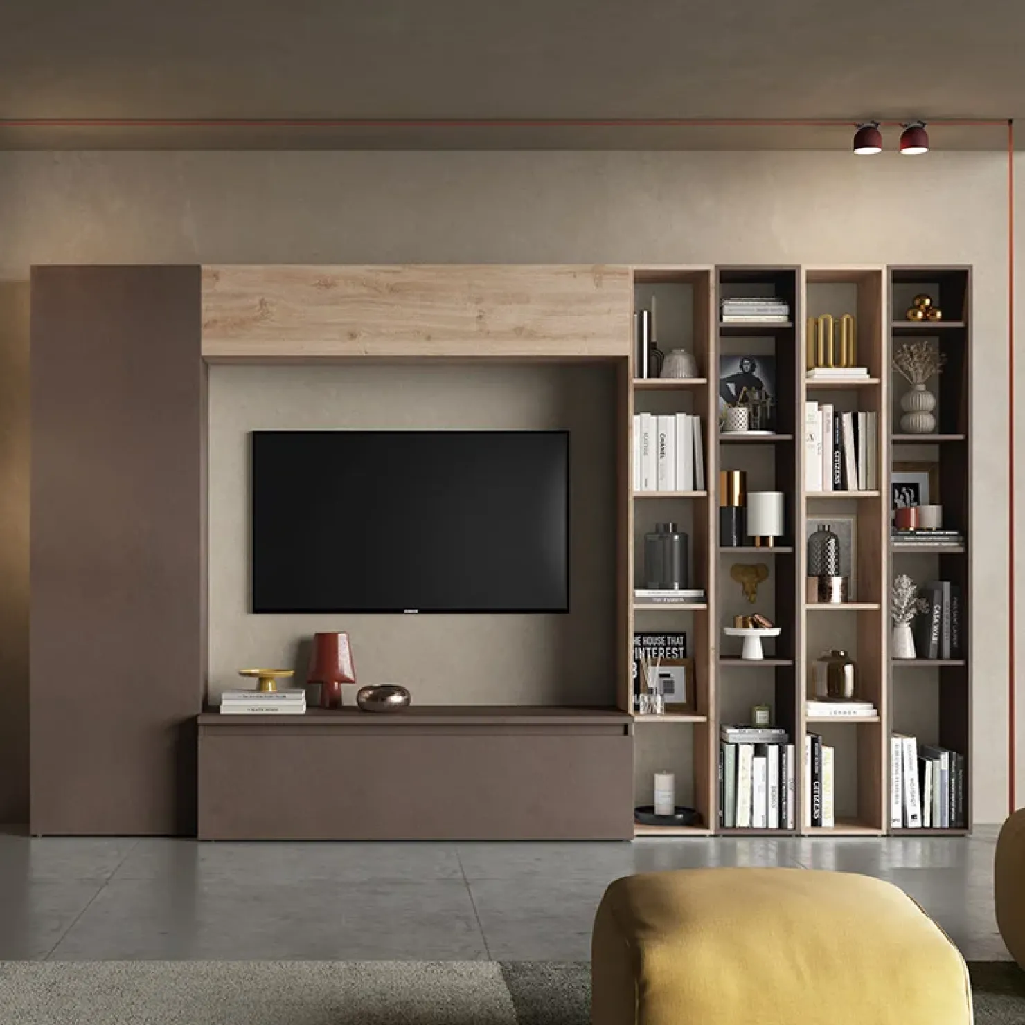 Garnero Arredamenti Parete attrezzata 305x186h cm moderna soggiorno marrone bronzo rovere chiaro Sunset 10 Rovere - Marrone