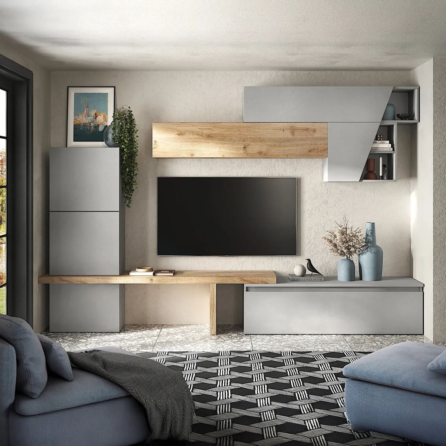 Garnero Arredamenti Parete attrezzata 305x210h cm moderna grigio chiaro rovere chiaro Sunset 74 Clearance