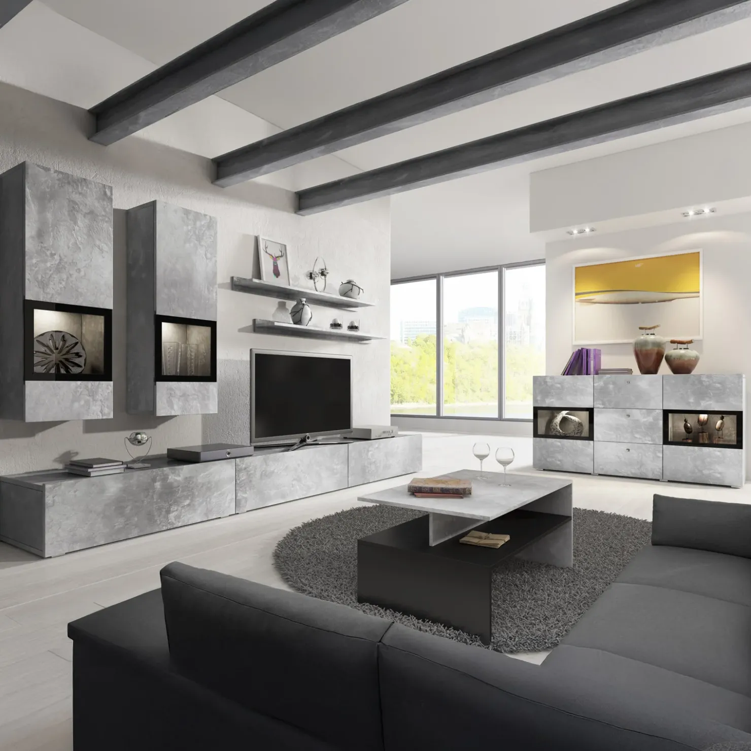 Garnero Arredamenti Parete attrezzata 270x176h cm moderna grigio Emotion Gihome® Cemento Sale