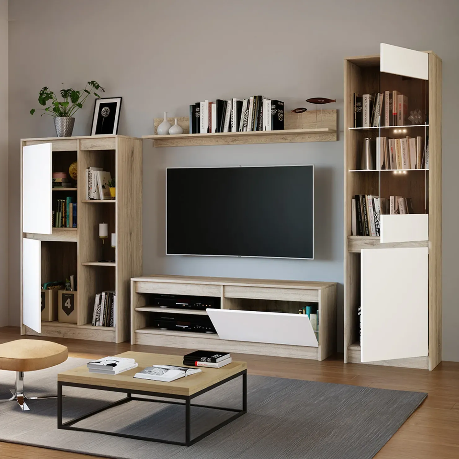 Garnero Arredamenti Parete attrezzata 260x181h cm moderna bianco opaco rovere sonoma Himal Outlet