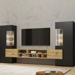 Garnero Arredamenti Parete attrezzata 270x143h cm moderna nero rovere chiaro Maserati Rovere - Nero opaco Hot