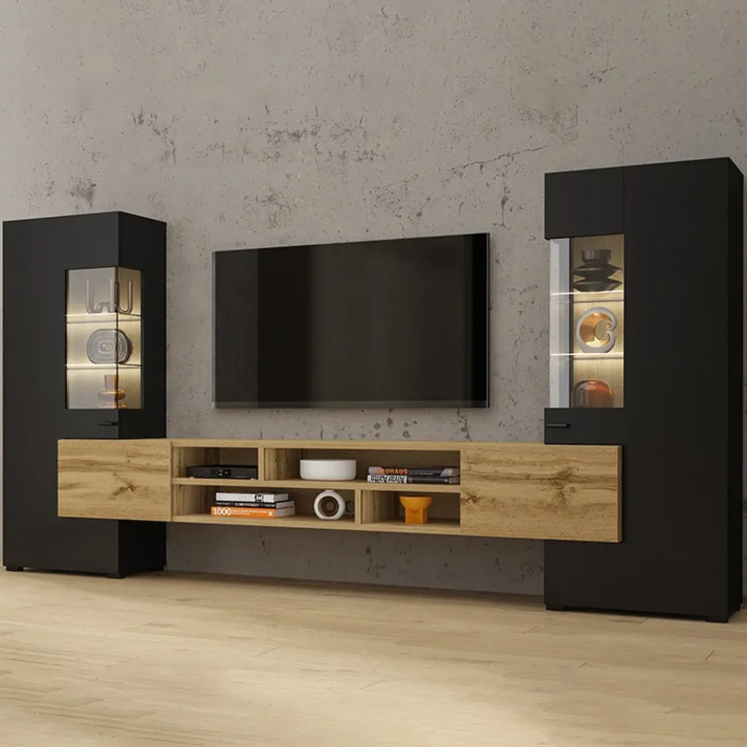 Garnero Arredamenti Parete attrezzata 270x143h cm moderna nero rovere chiaro Maserati Rovere - Nero opaco Hot