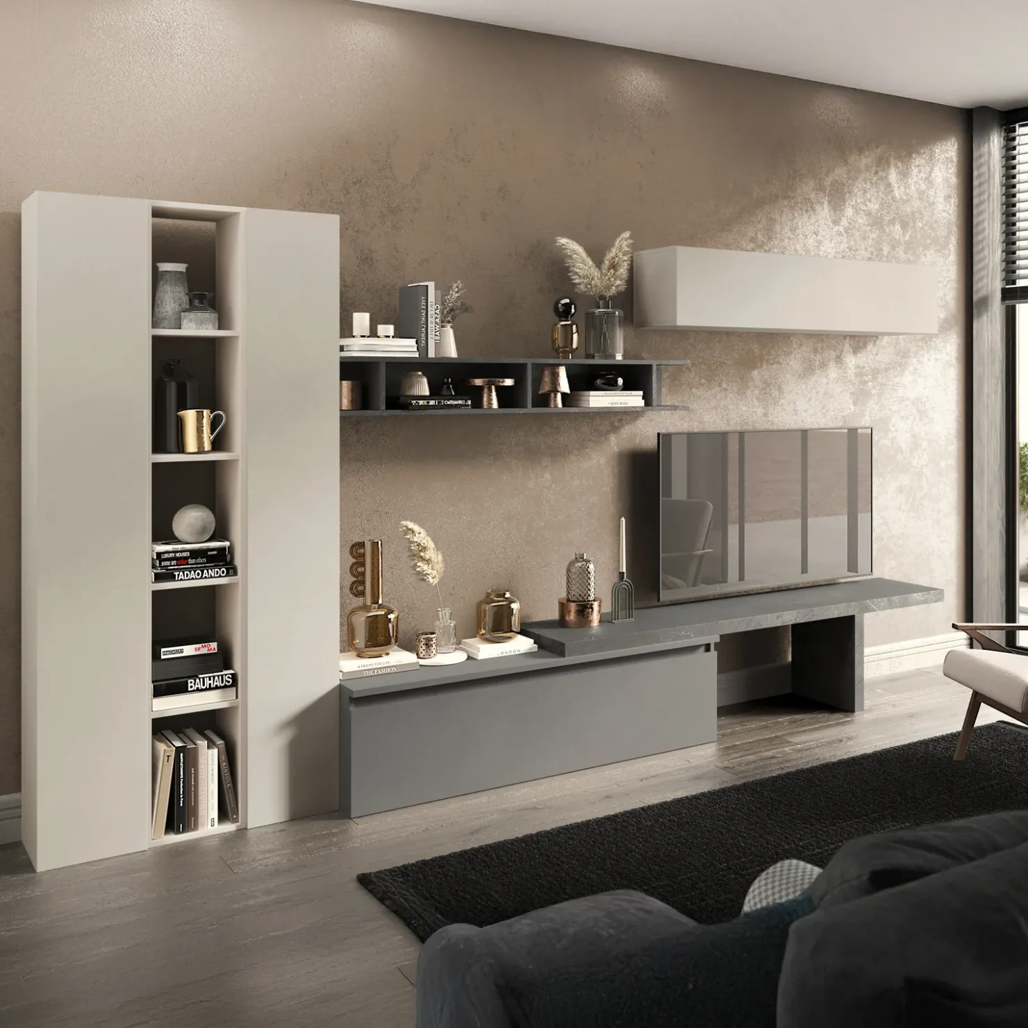 Garnero Arredamenti Parete attrezzata 360x186h cm moderna beige grigio scuro antracite Sunset 88 New