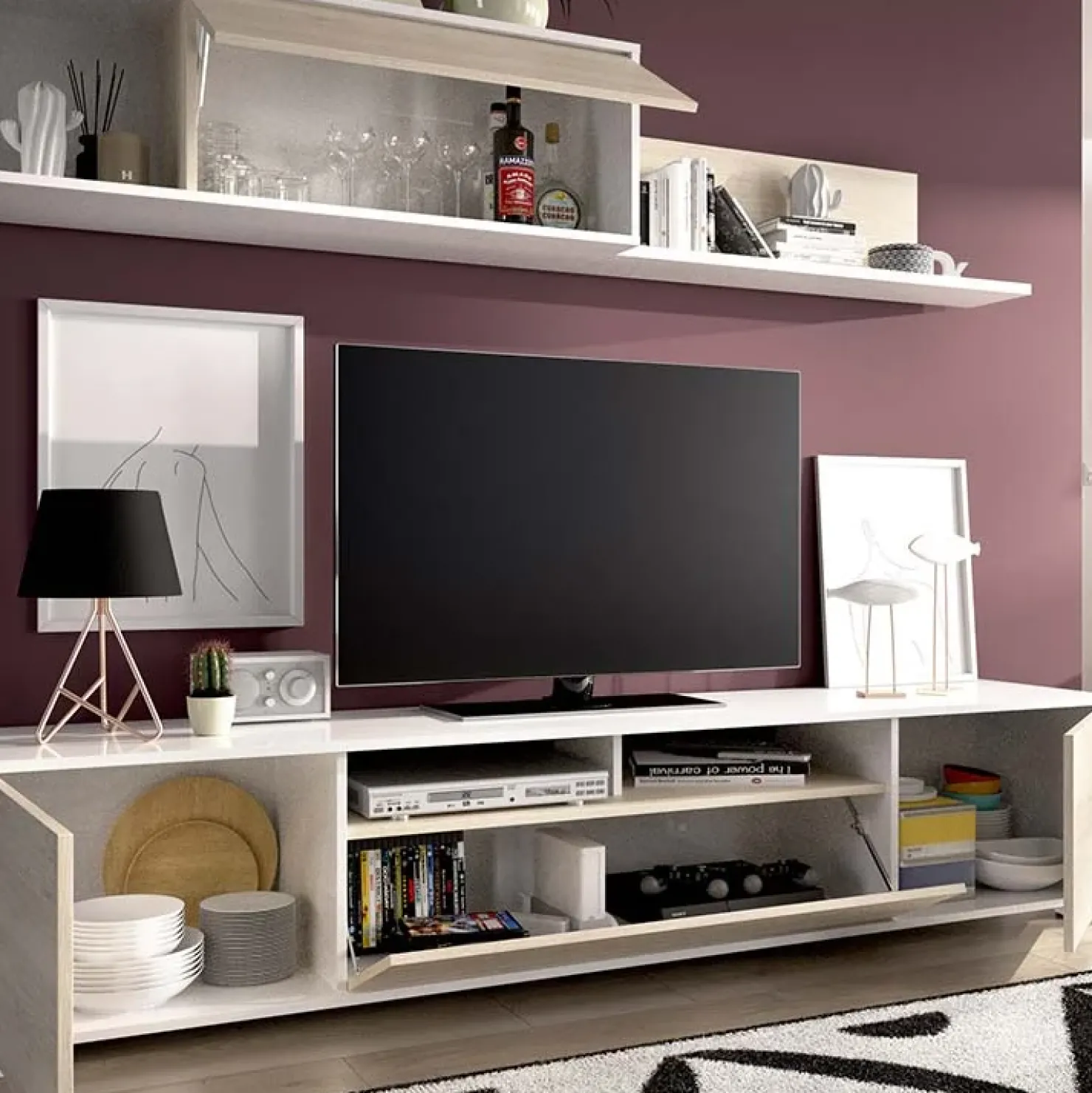 Garnero Arredamenti Parete attrezzata 200x140h cm moderna rovere bianco lucido Isador Bianco Lucido - Rovere Sale