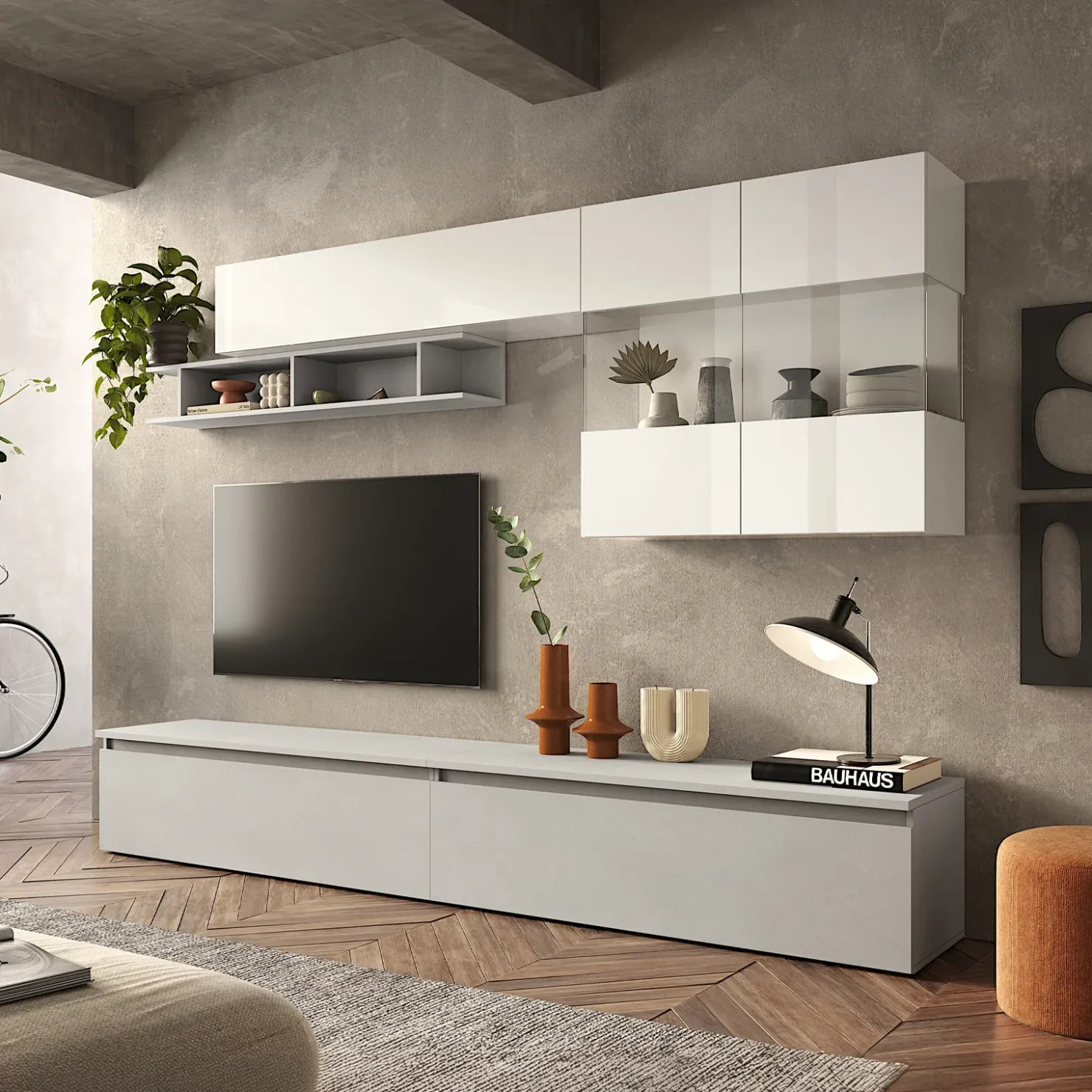 Garnero Arredamenti Parete attrezzata 276x202h cm moderna grigio chiaro bianco lucido Sunset 71 Clearance