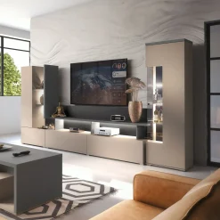 Garnero Arredamenti Parete attrezzata 325x180h cm moderna con vetrina beige grigio Matt Best