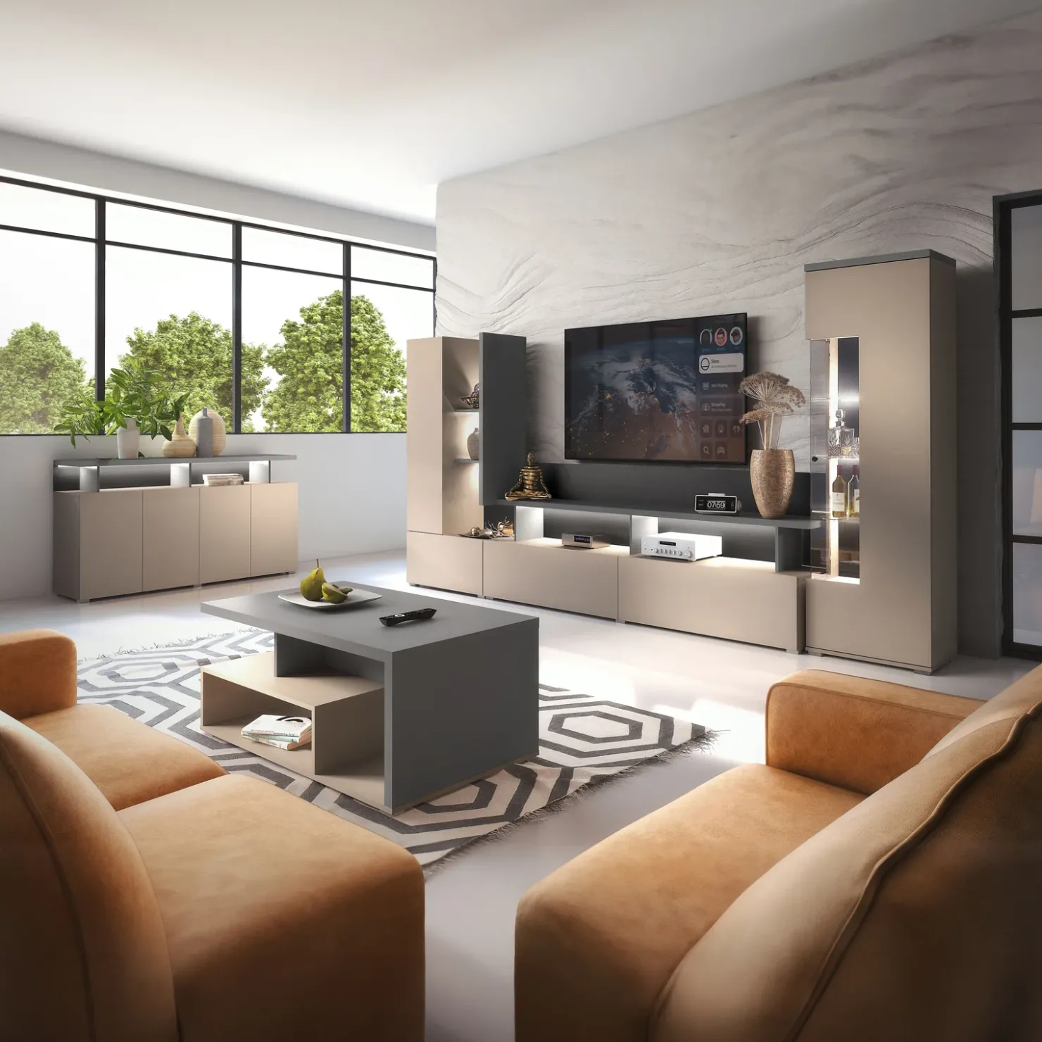 Garnero Arredamenti Parete attrezzata 325x180h cm moderna con vetrina beige grigio Matt Best