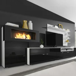 Garnero Arredamenti Parete attrezzata 288x170h cm moderna reversibile con biocamino nero Fire Gihome® Nero Lucido - Bianco opaco New