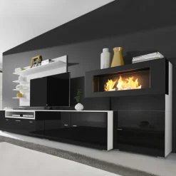 Garnero Arredamenti Parete attrezzata 288x170h cm moderna reversibile con biocamino nero Fire Gihome® Nero Lucido - Bianco opaco New