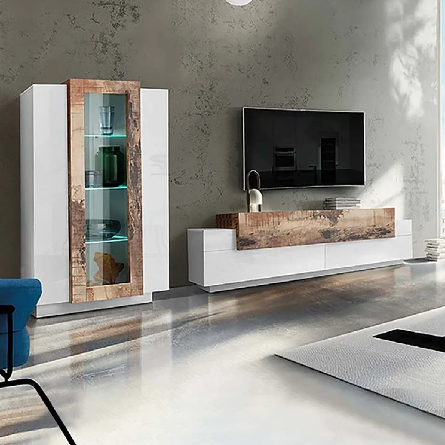 Garnero Arredamenti Parete attrezzata 290x121h cm moderna bianco lucido acero Milos Gihome® Bianco Lucido - Rovere Rustico Online