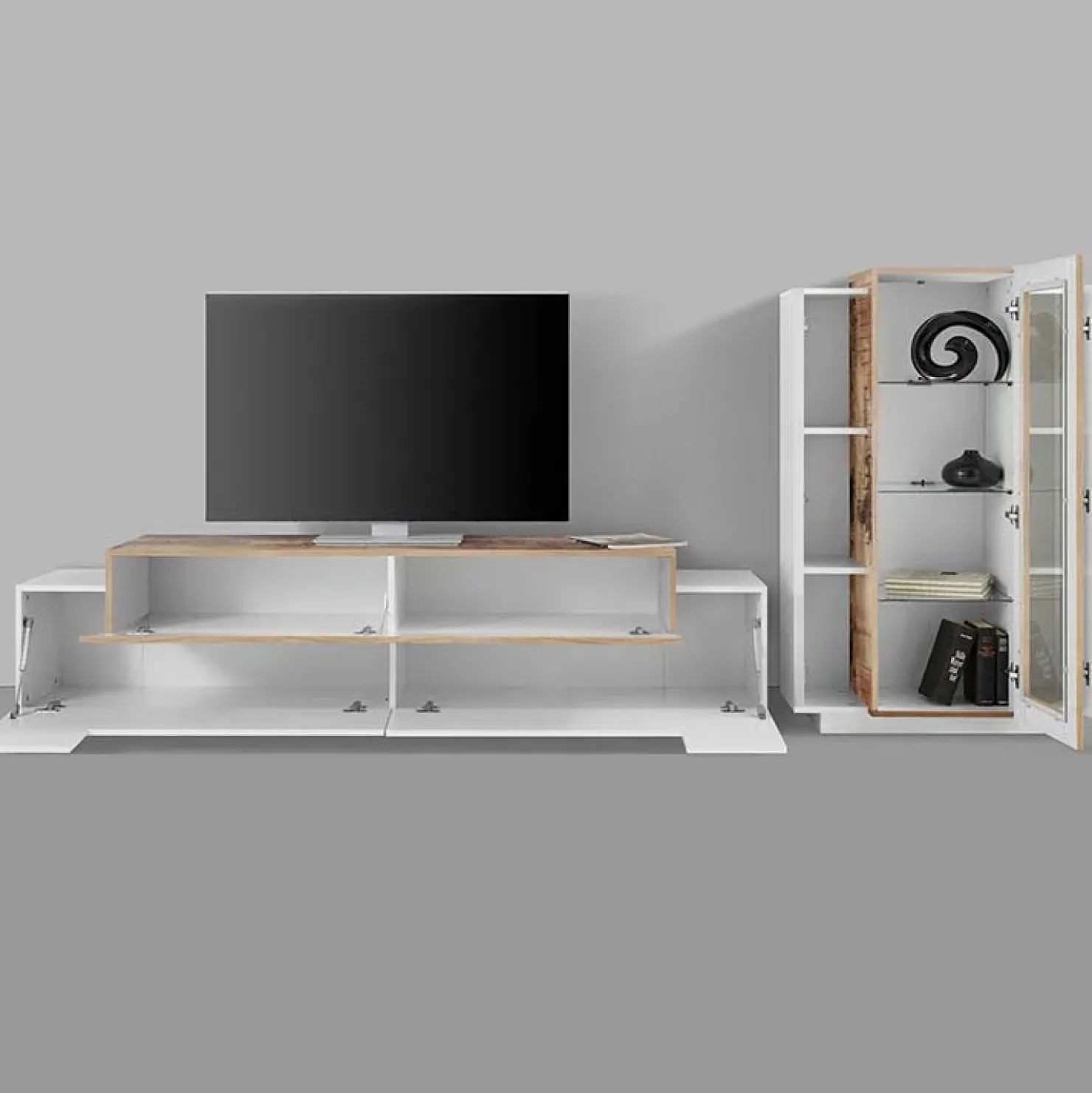 Garnero Arredamenti Parete attrezzata 290x121h cm moderna bianco lucido acero Milos Gihome® Bianco Lucido - Rovere Rustico Online