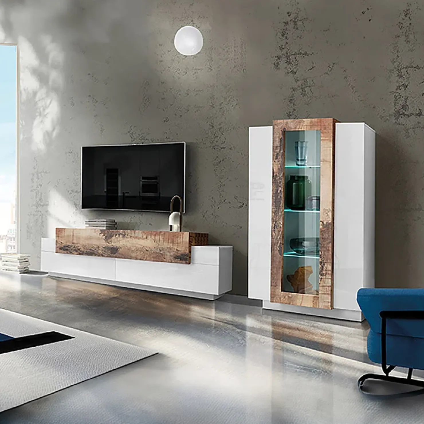 Garnero Arredamenti Parete attrezzata 290x121h cm moderna bianco lucido acero Milos Gihome® Bianco Lucido - Rovere Rustico Online