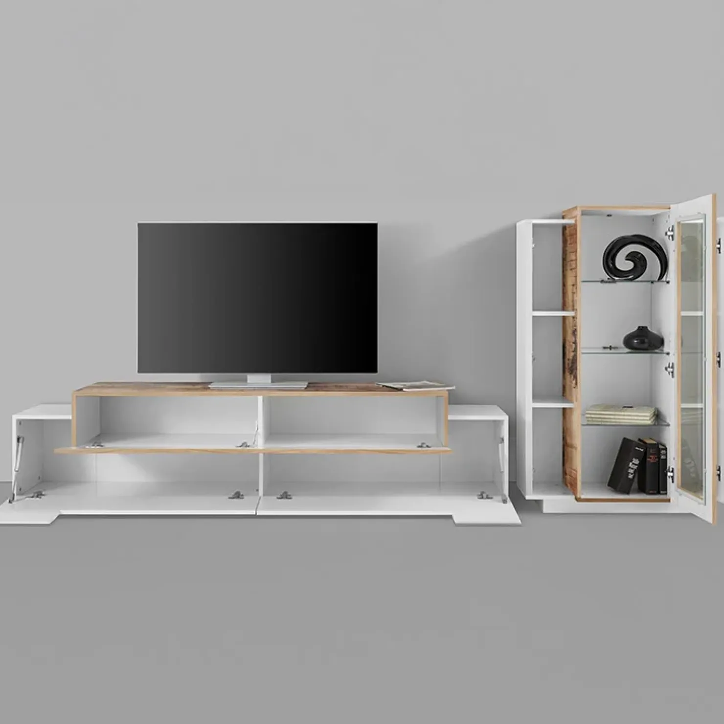 Garnero Arredamenti Parete attrezzata 290x121h cm moderna bianco lucido acero Milos Gihome® Bianco Lucido - Rovere Rustico Online