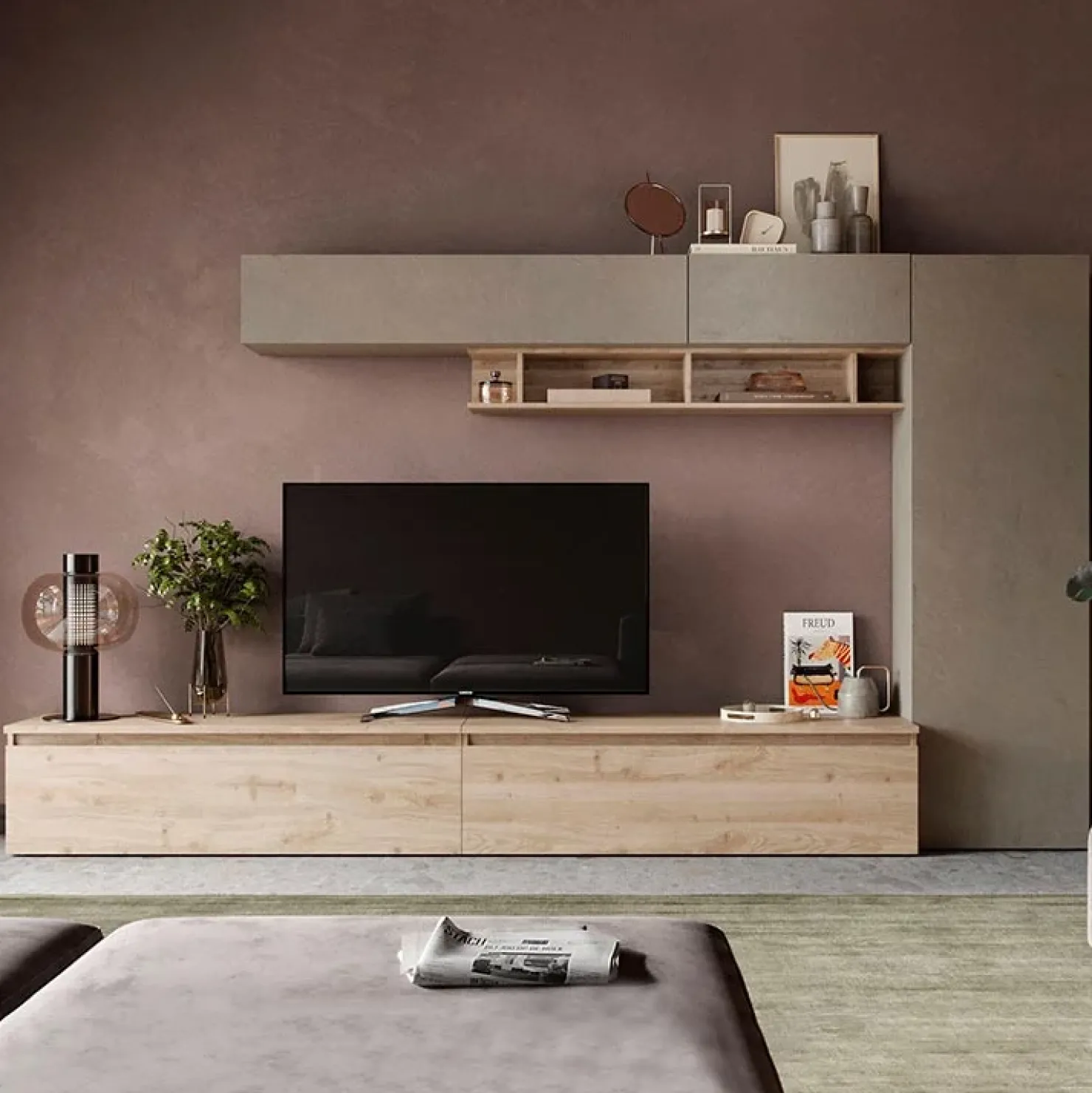 Garnero Arredamenti Parete attrezzata 331x186h cm moderna tortora rovere chiaro Sunset 31 Sale