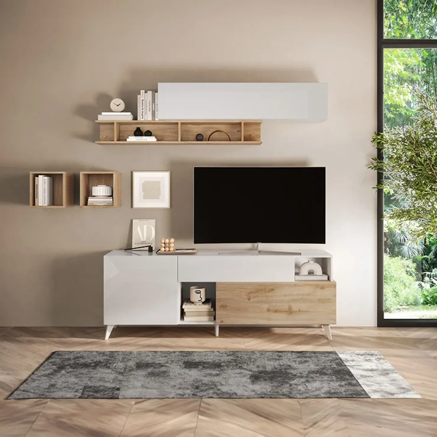 Garnero Arredamenti Parete attrezzata 181x205h cm moderna bianco lucido rovere chiaro Witty Rovere - Bianco Lucido Best