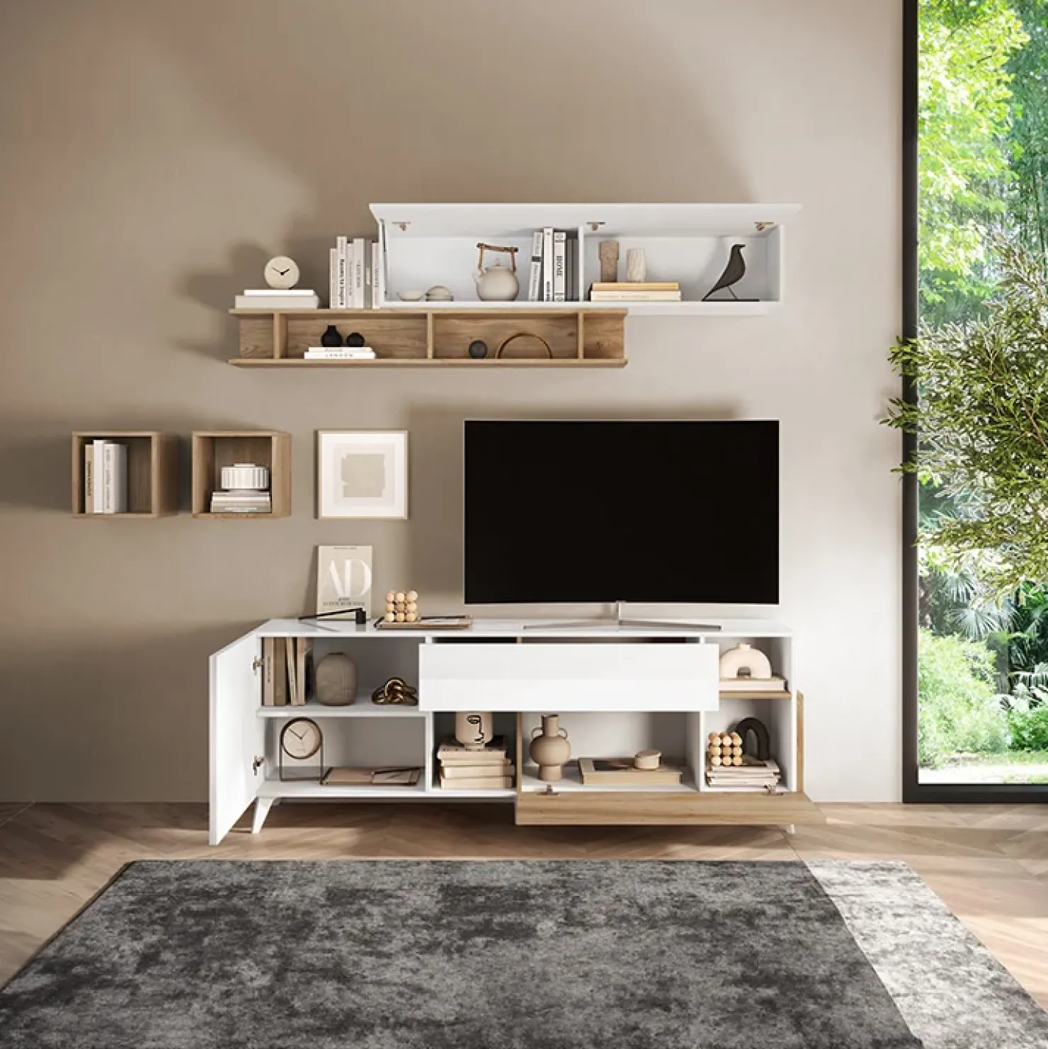 Garnero Arredamenti Parete attrezzata 181x205h cm moderna bianco lucido rovere chiaro Witty Rovere - Bianco Lucido Best