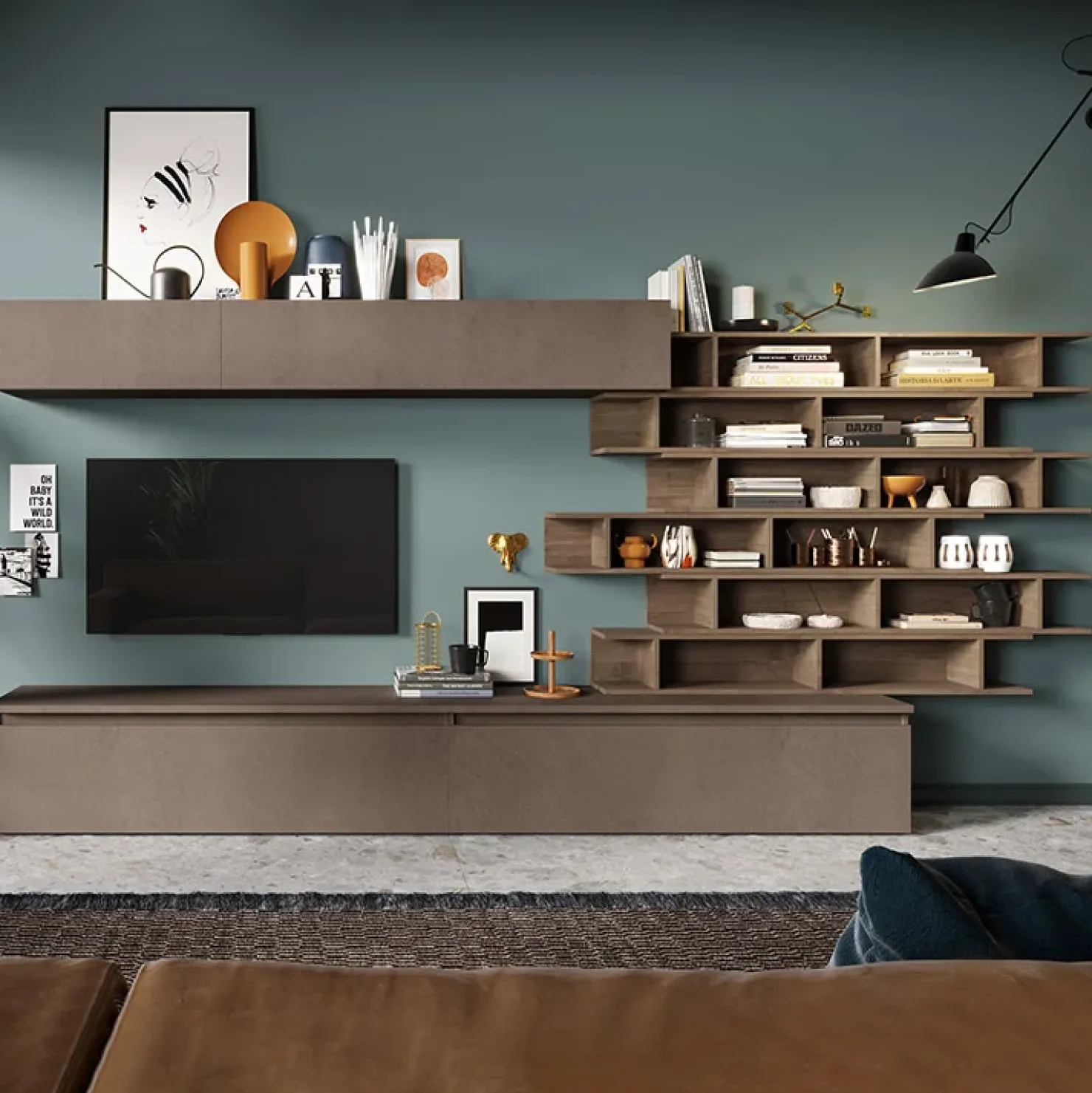 Garnero Arredamenti Parete attrezzata 345x170h cm moderna rovere marrone bronzo Sunset 13 Marrone - Bronzo New