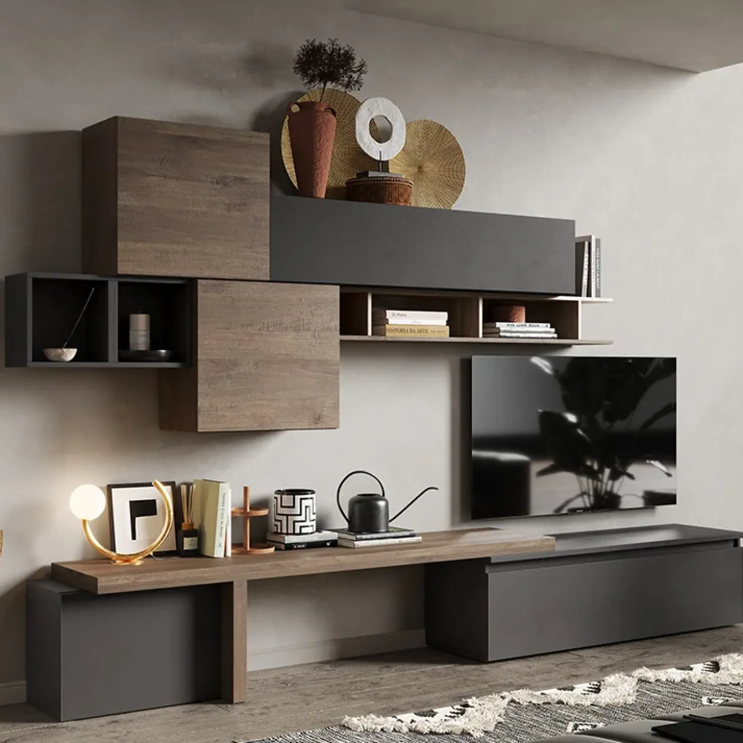 Garnero Arredamenti Parete attrezzata 330x195h cm moderna ossido nero rovere scuro Sunset 28 Noce - Ossido Discount