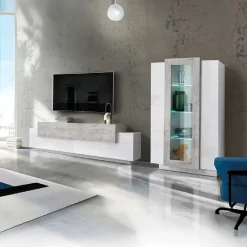 Garnero Arredamenti Parete attrezzata 290x121h cm moderna bianco lucido cemento Milos Gihome® Cemento - Bianco Lucido Clearance