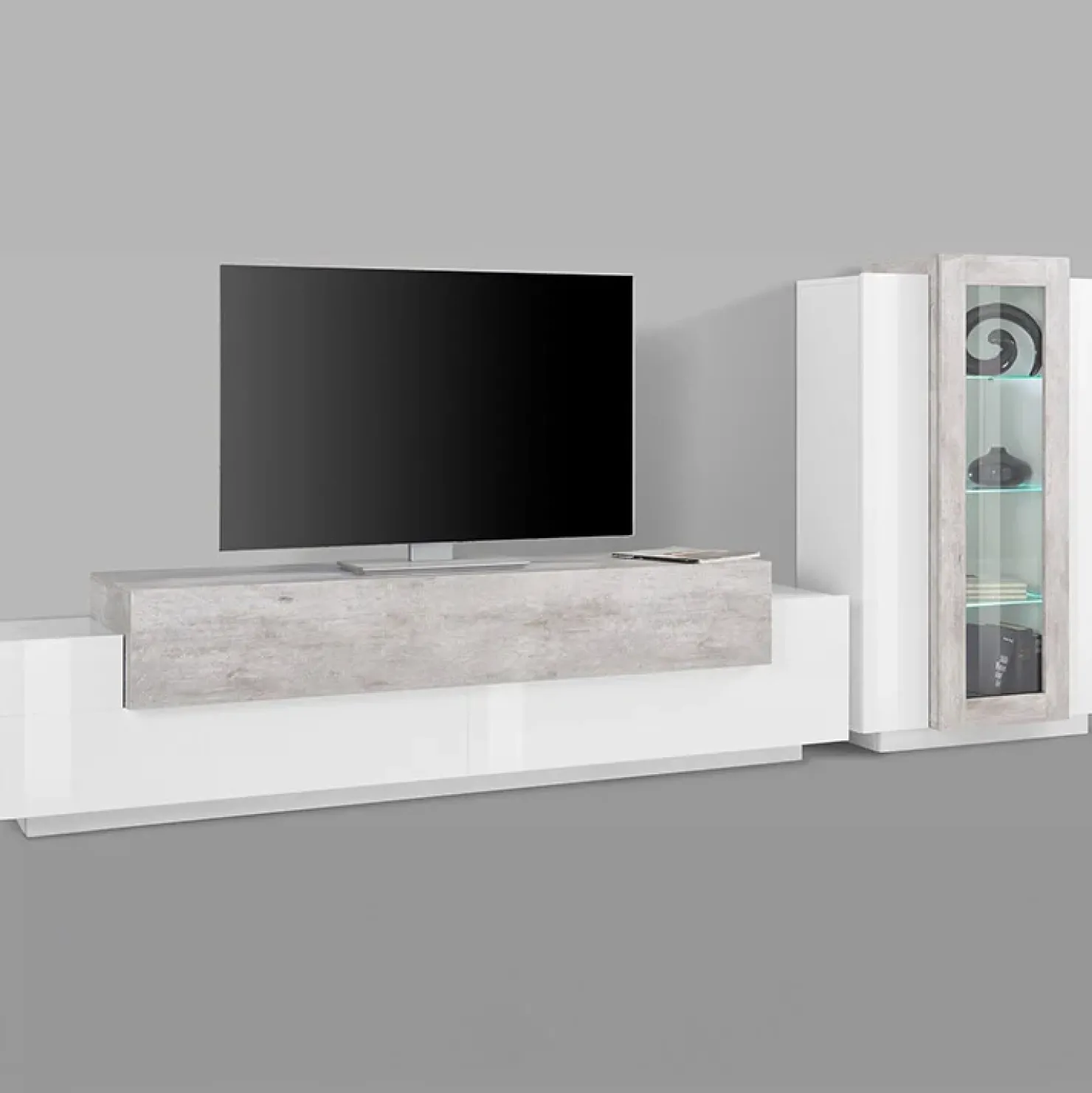 Garnero Arredamenti Parete attrezzata 290x121h cm moderna bianco lucido cemento Milos Gihome® Cemento - Bianco Lucido Clearance