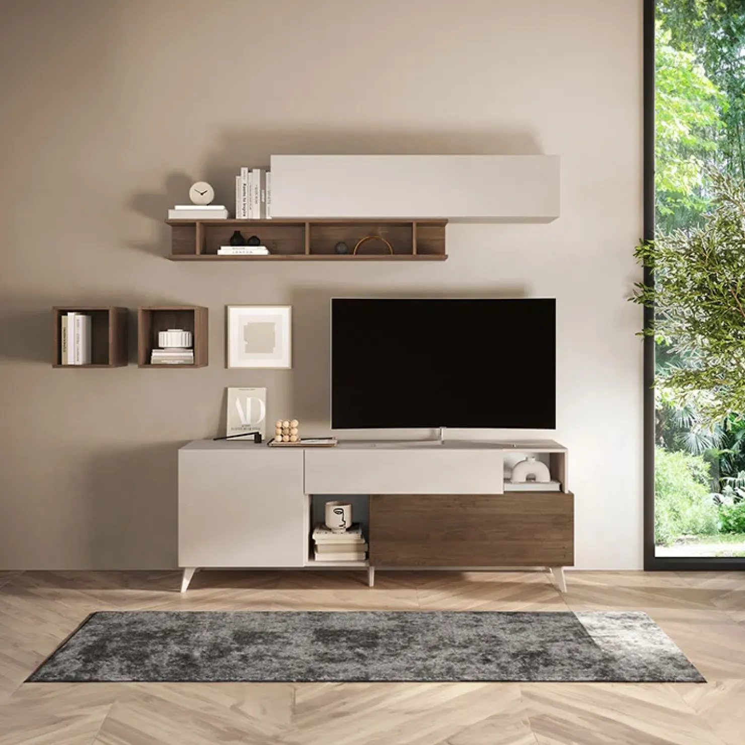 Garnero Arredamenti Parete attrezzata 181x205h cm moderna beige rovere scuro Witty Noce - Beige Online