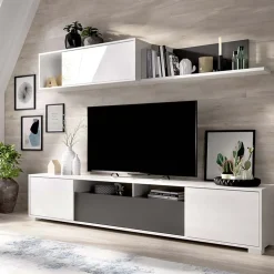 Garnero Arredamenti Parete attrezzata 200x140h cm moderna bianco lucido grafite Isador Bianco Lucido - Grafite