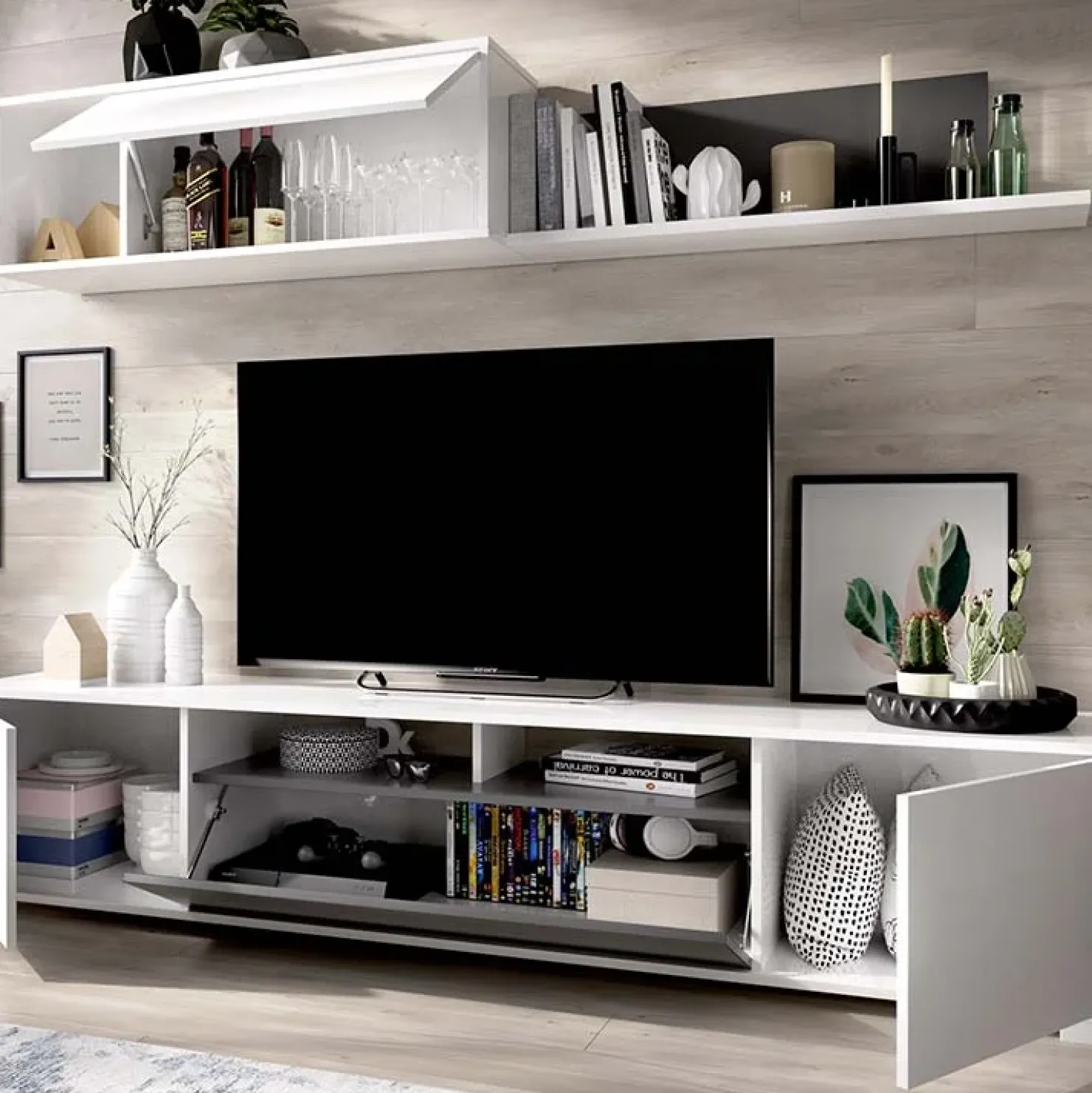 Garnero Arredamenti Parete attrezzata 200x140h cm moderna bianco lucido grafite Isador Bianco Lucido - Grafite