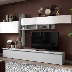 Garnero Arredamenti Parete attrezzata 336x200h cm moderna bianco lucido grigio Sunset 32 Bianco Lucido - Grigio Sale