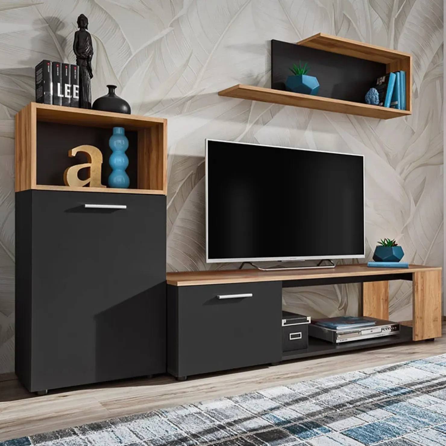 Garnero Arredamenti Parete attrezzata 200x160h cm moderna nero opaco rovere Caravaggio Nero Opaco - Rovere Rustico Hot