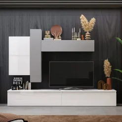 Garnero Arredamenti Parete attrezzata 276x210h cm moderna bianco lucido grigio chiaro Sunset 7 Clearance