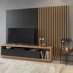 Garnero Arredamenti Parete attrezzata 251x196h cm moderna rovere nero Favorita Rovere - Nero opaco New