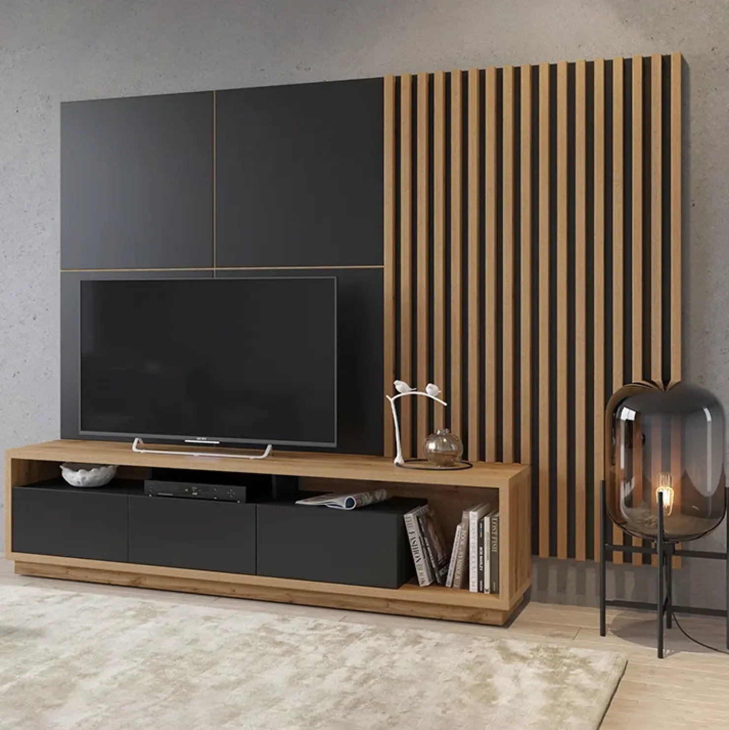 Garnero Arredamenti Parete attrezzata 251x196h cm moderna rovere nero Favorita Rovere - Nero opaco New